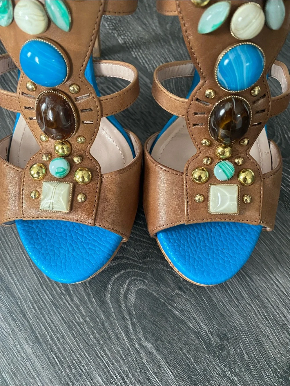 Vince Camuto Brown Leather Jeweled Wedge Sandals with Bright Blue Insole